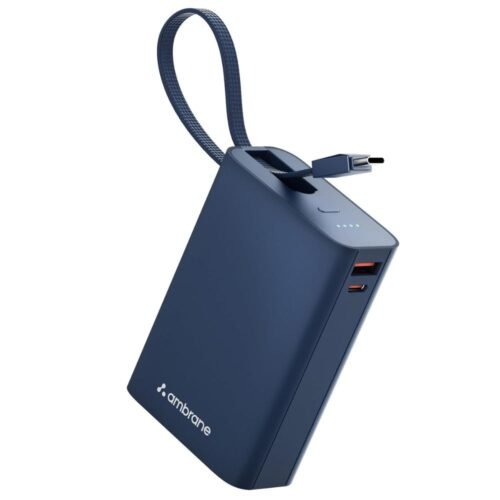 Ambrane 20000mAh 22.5W Power Bank with Built-in Type-C Cable Blue