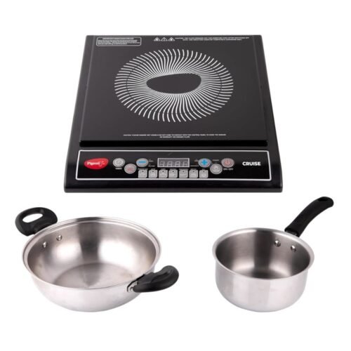 Pigeon Cruise 1800W induction cooktop with stainless steel kadai and saucepan