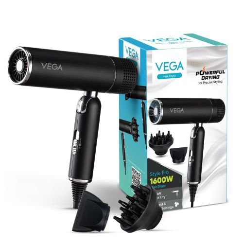 Vega Style Pro 1600W Foldable Hair Dryer with 2X Faster Drying, 3 Heat and 2 Speed Settings.