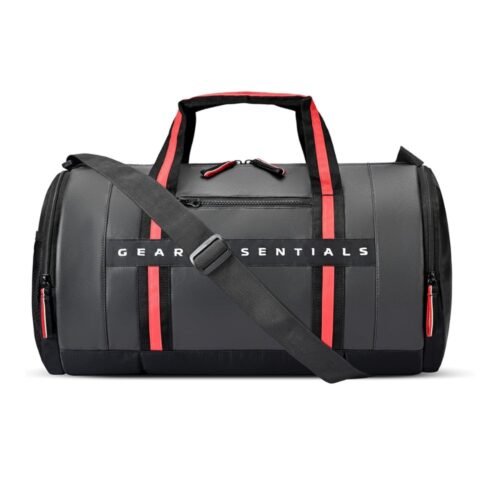 26L water resistant faux leather travel duffle bag in black and red