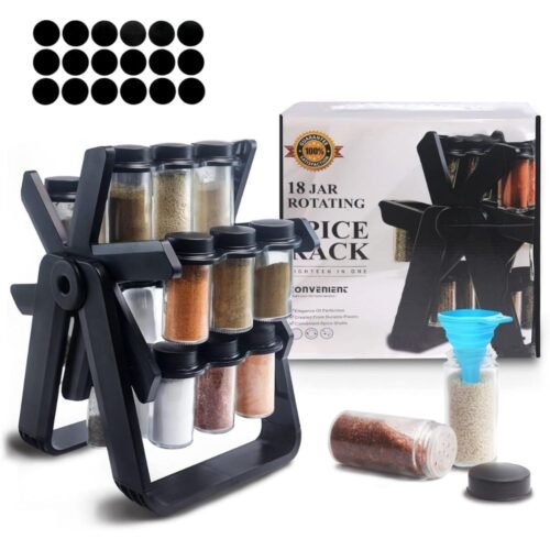 360 rotating spice rack with 18 glass jars