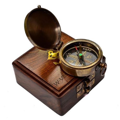 Antique Brass Pocket Compass with Wooden Box