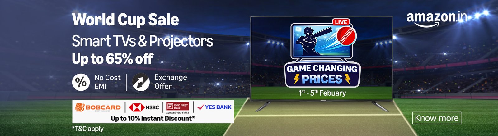 Amazon Cricket World Cup Sale 2026 Smart TVs and Projectors Deals