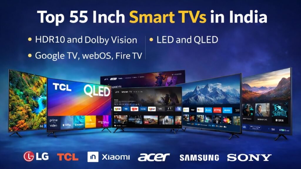 Best 55 inch smart TVs in India 2026 comparison featuring LG, TCL, Xiaomi, Acer, Samsung and Sony 4K smart TVs