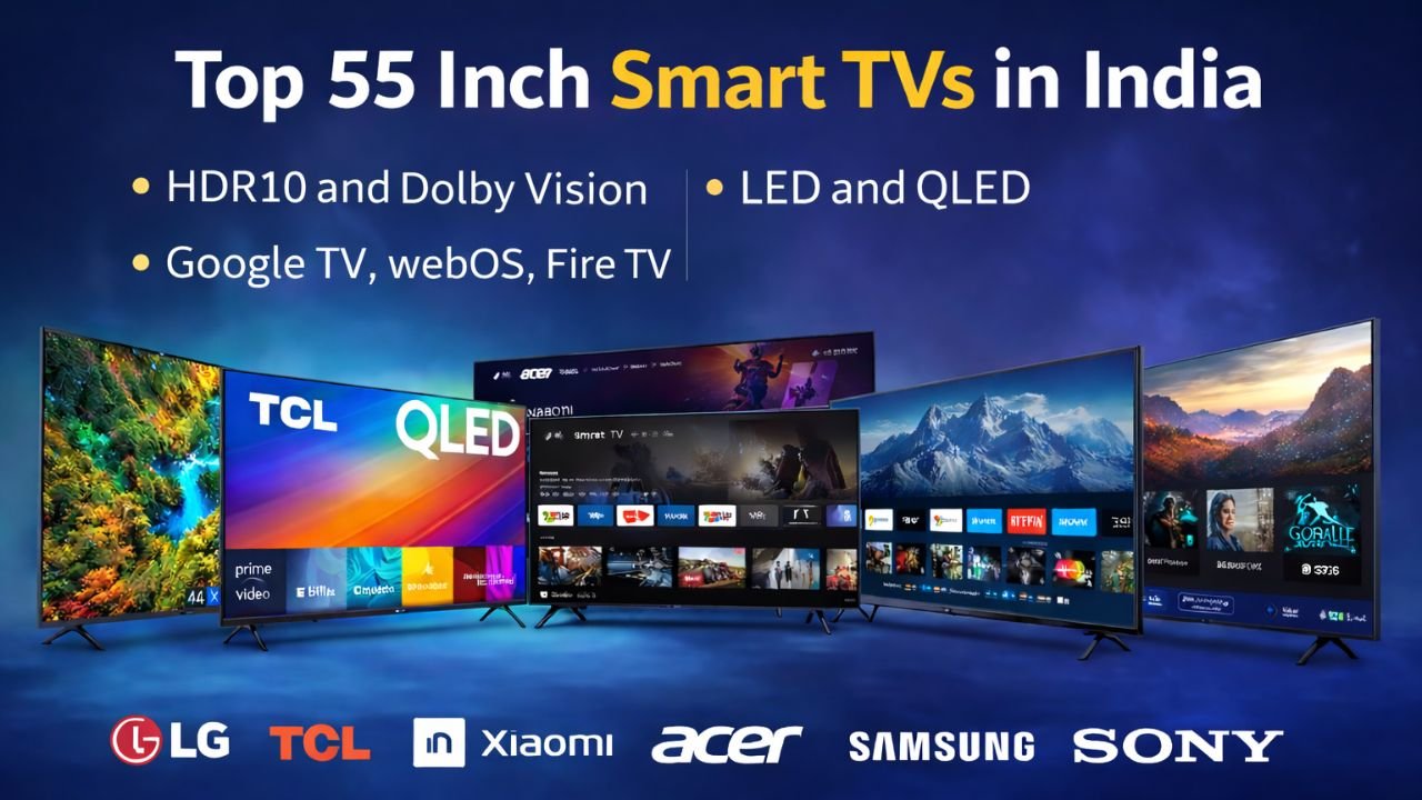Best 55 inch smart TVs in India 2026 comparison featuring LG, TCL, Xiaomi, Acer, Samsung and Sony 4K smart TVs